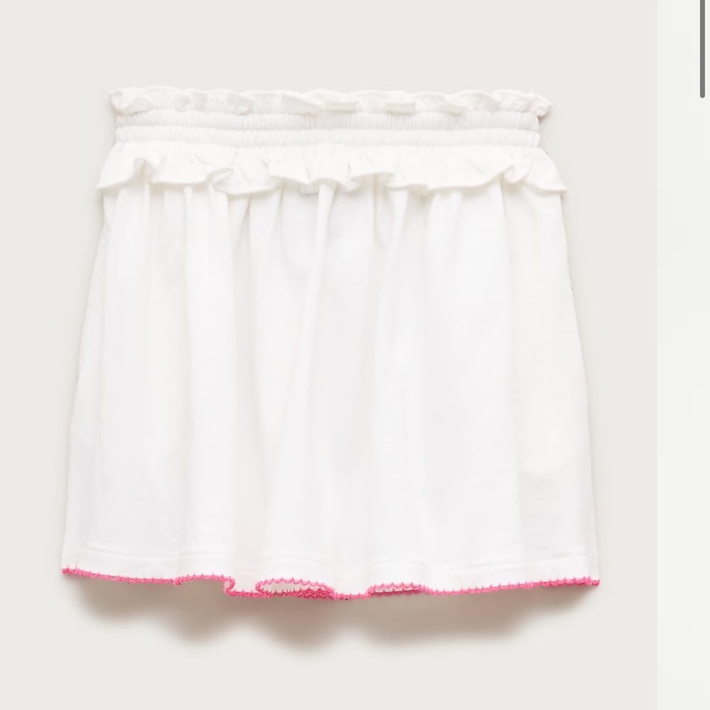 White Ruffle Elastic Waist Skirt with Pink Trim